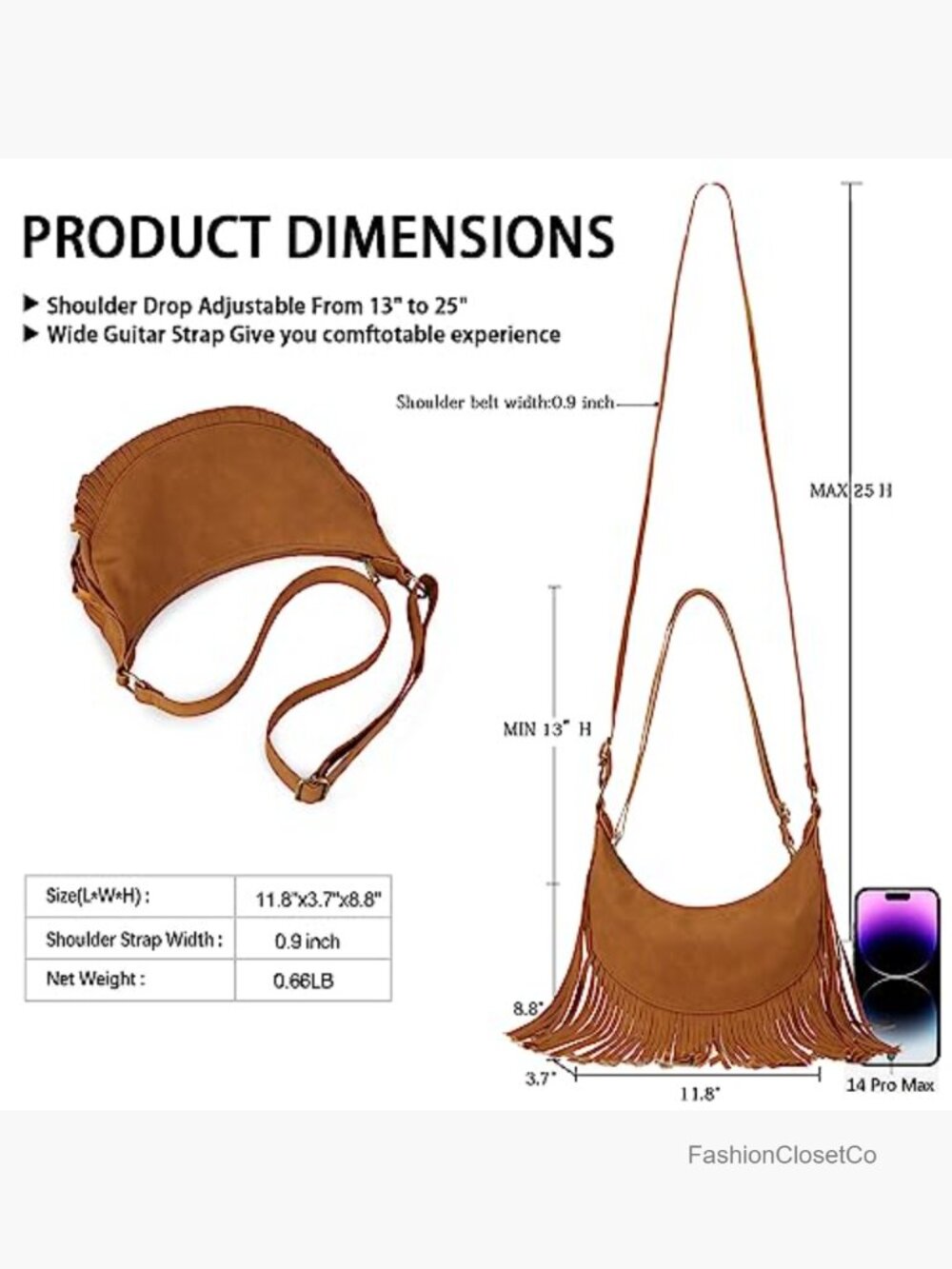 Fringe Crescent Crossbody Hobo Purse Vegan Suede Fits iPad Mini Kindle - Picture 6 of 7